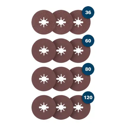 Bosch EXPERT pour métal Disque abrasif fibre R444, 125 mm, K36|60|80|120, X-LOCK, 12 pcs